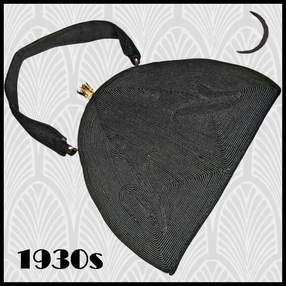 Vintage Handbags - Vintage Art Deco Black Corde Purse, Mirror & Hairpins VFG 30s 1930s
